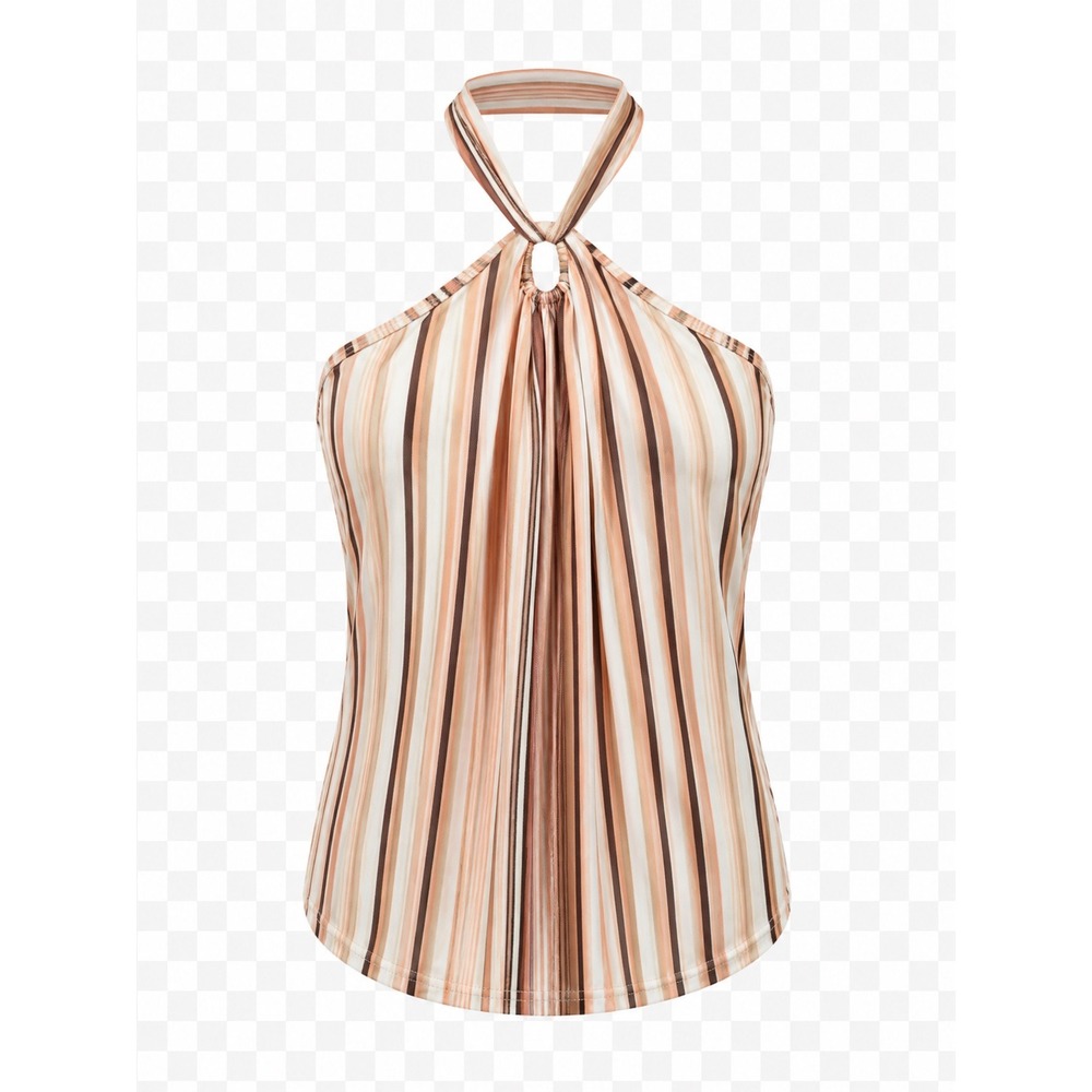 Torrid Halter Top Womens 3 3X Orange Brown Striped O-Ring Boho 70s Multicolor